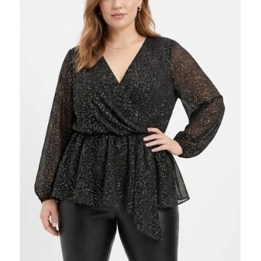 Lane Bryant‎ Peplum Blouse size 18 Black Metallic Polka Dot Surplice Long Sleeve